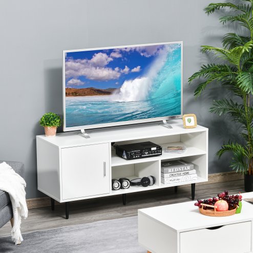 HOMCOM TV Stand Cabinet for Television up to 60 Inches, Modern TV Unit with Storage Shelf and Cable Hole for Living Room Bedroom, White