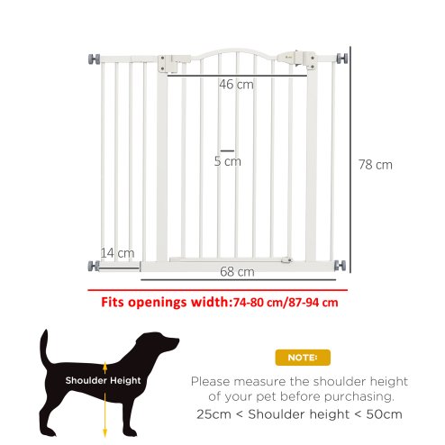 PawHut Pressure Fit Dog Stair Gate No Drilling Safety Gate Auto Close for Doorways, Hallways, 74-94cm Adjustable, 78cm Tall, White