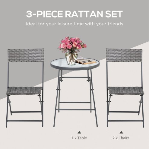 Outsunny 3 Pieces Rattan Bistro Set, Wicker Folding Garden Furniture Set with Glass Top Coffee Table and Chairs for Outdoor, Patio, Balcony, Grey