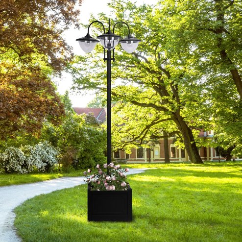 Outsunny 189cm 3-head Solar Lamp Post, Street Light with Planter, Automatic-on, 6 Hour Max Outdoor Ready LED Lighting, Black Image
