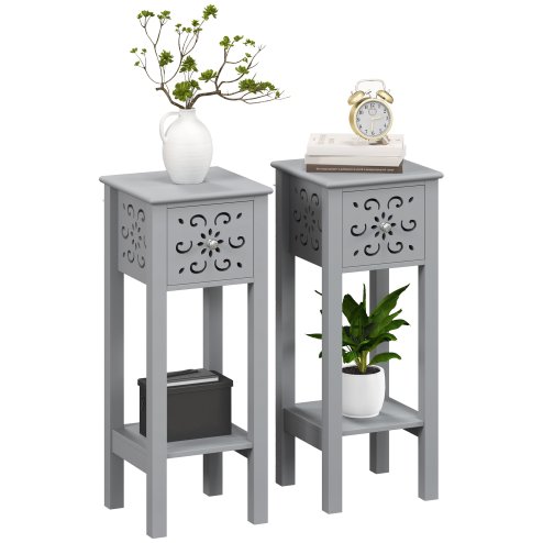 HOMCOM Side Table Set of 2, Bedside Table Set with Drawer and Storage Shelf, End Table Set with Elegant Flower-Shaped Design for Living Room Bedroom, Grey