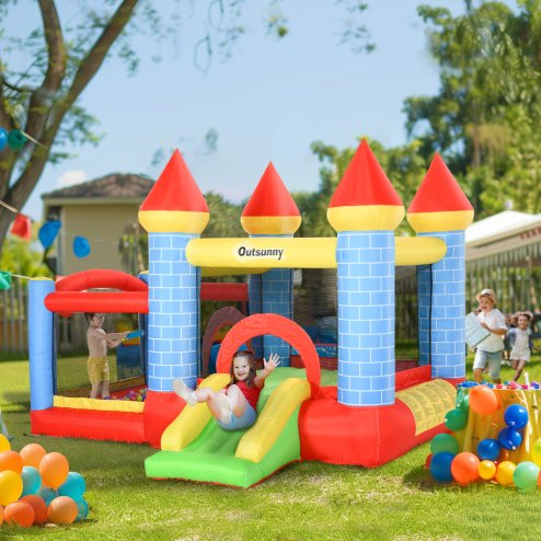 Outsunny Kids Bouncy Castle House Inflatable Trampoline Slide Water Pool Basket 4 in 1 with Blower Basketball Hoop for Kids Age 3-8 Castle Design 2.8 x 2.6 x 2.1m
