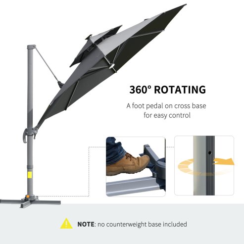 Outsunny 3(m) Cantilever Roma Parasol with LED Solar Lights, Crank & Tilt, Aluminium Frame, Cross Base and Adjustable Canopy 360 Degrees Rotating Sun Umbrella with 2-Tier Shade, Grey