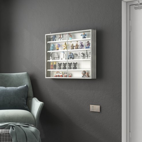 HOMCOM 5-Tier Wall Mounted Display Cabinet, Display Case with 4 Adjustable Shelves, Glass Doors for Home Office Ornaments 60x80cm, Grey Wood Grain