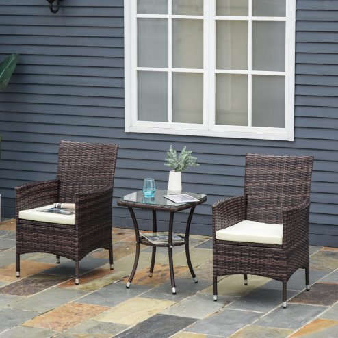 Outsunny 3 Pieces Rattan Bistro Set, Wicker Garden Furniture Set with 2-Tier Coffee Table and Chairs, Cushions, for Outdoor Patio Balcony, Brown