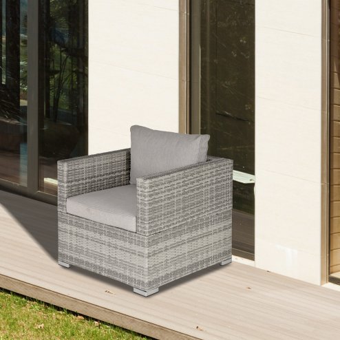 Outsunny Single Rattan Garden Chair, PE Wicker Garden Armchair with Cushions, Outdoor Rattan Chair with Armrests and Steel Frame for Conservatory, Porch, Patio, Balcony, Grey