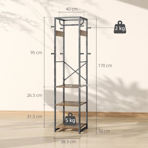 HOMCOM Coat Rack, Freestanding Coat Stand with 3 Shelves and 8 Hooks, Clothes Stand for Entryway, Hallway, Bedroom, 170 x 38.5 x 30 cm