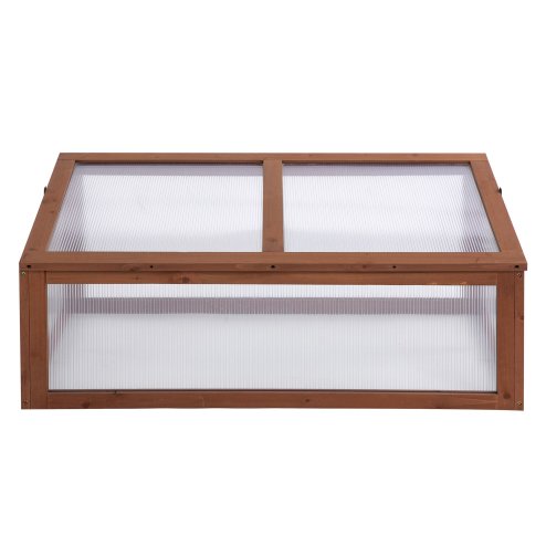 Outsunny Wooden Cold Frame, Small Polycarbonate Greenhouse for Plants with Openable & Tilted Top Cover, Brown, 100 x 65 x 40cm