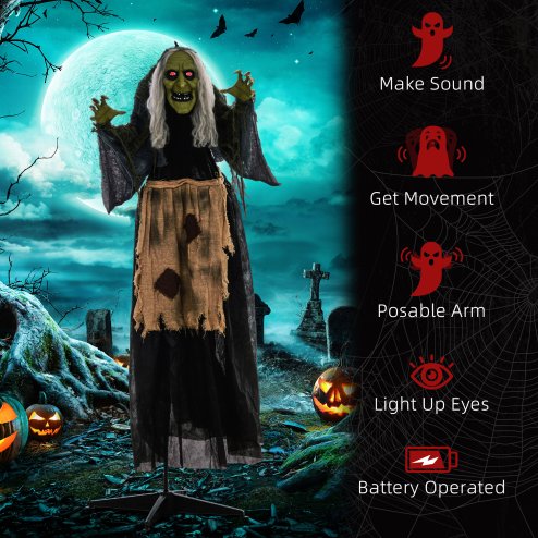 HOMCOM 160cm Witch Outdoor Halloween Decoration, Halloween Animatronic with Sound Activated, Light Up Eyes, Sound Effects, Animated Prop for Haunted House