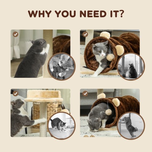 PawHut Cat Tree for Indoor Cats, 47cm Cat Tower with Scratching Post, Cat Bed, Cat Tunnel, Toy Ball, Cute Cat Tree Tower for Kittens and Cats, Dark Brown