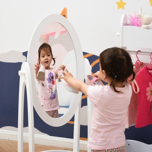 HOMCOM Free Standing Full Length Mirror, Child's Dressing Mirror with storage shelf, Children's White Bedroom Furniture 360?? Rotation MDF, For 3- 8 Years Old, 40L x 30W x 104H cm