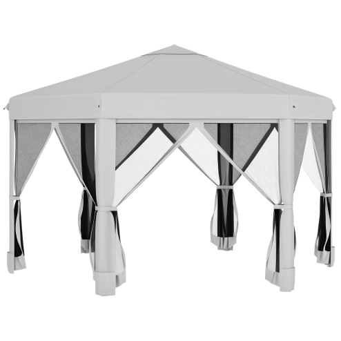 Outsunny 3.2m Pop Up Gazebo Hexagonal Canopy Tent Outdoor Sun Protection with Mesh Sidewalls, Handy Bag, Light Grey