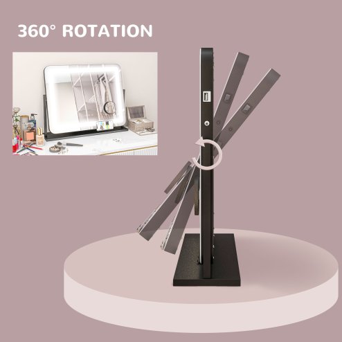 HOMCOM Vanity Mirror with Lights, 63x50 cm Lighted Makeup Mirror with 3 Colour Lighting Modes, 10X Magnifying, USB Charging Port, Phone Holder, 360 Degree Rotation, Touch Screen, for Dressing Table