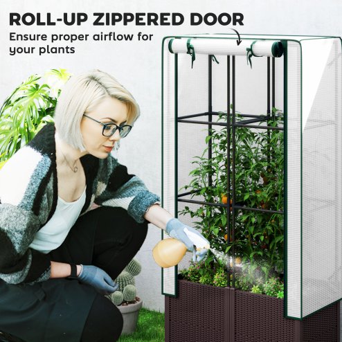 Outsunny Raised Garden Bed with Trellis, Plastic Planter Box with PE Cover, Drainage Holes, Drain Plugs and Water Reservoirs for Climbing Plants, Vegetables, Flowers, 80 x 40 x 140 cm