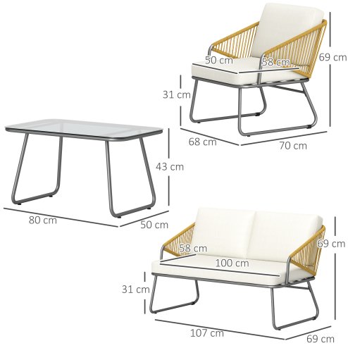 Outsunny 4 Piece Rattan Garden Furniture Set, Wicker Patio Outdoor Furniture Set with Loveseat, Armchairs, Glass Top Coffee Table and Cushions for Patio, Conservatory, Balcony, Natural Wood Finish