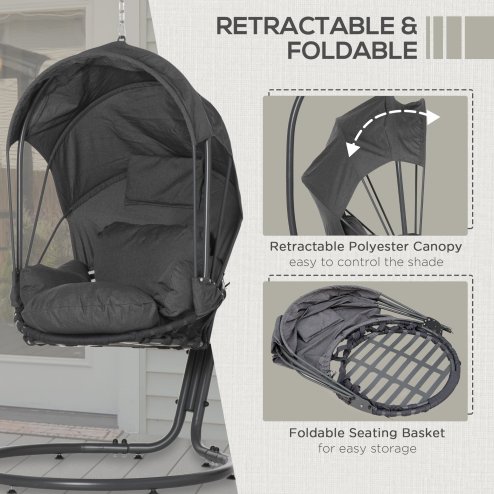 Outsunny Hanging Egg Chair with Cushion and Retractable Canopy, Swing Hammock Chair with Adjustable Metal Stand, for Indoor and Outdoor, Grey