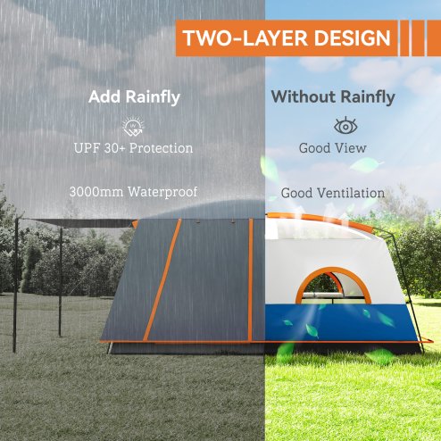 Outsunny 4-6 Man Camping Tent, Double Layer Tunnel Tent with Porch, Living Area and 2 Bedrooms, Sewn in Groundsheet, 3000mm Waterproof and UPF 30+, Portable with Bag, Blue