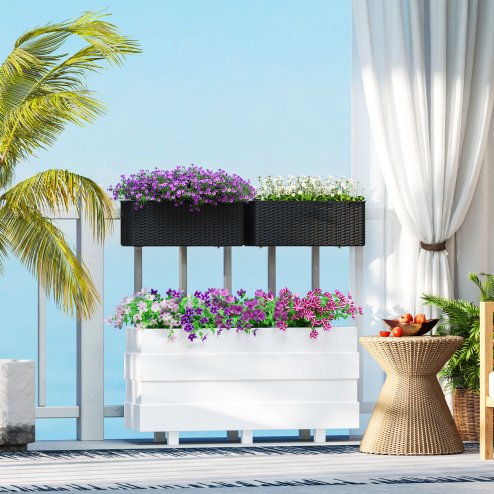 Outsunny Set of 2 Hanging Flower Boxes, 50 cm Long, Rattan Look Flower Pot with Drainage Holes and Hooks, Railing Box for Fence Balcony Garden