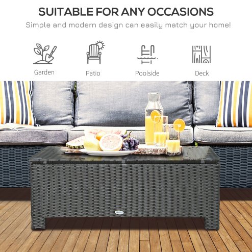 Outsunny PE Rattan Coffee Table, Rectangular Outdoor Coffee Table with Tempered Glass Top, 70 KG Capacity for Garden, Balcony, Terrace, Patio, Black