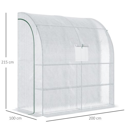 Outsunny Walk-In Lean to Wall Greenhouse with Windows and Doors, Outdoor Green House with 3 Tiers 4 Wired Shelves, 200L x 100W x 215Hcm, White