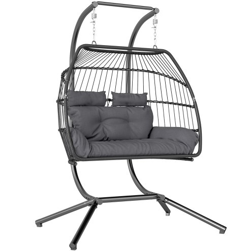 Outsunny Rattan Double Hanging Egg Chair with Stand, Foldable Wicker Swing Egg Chair with Cushion, Head Pillows, Steel Frame, Hammock Chair for Indoor Outdoor, Capacity 260 kg, Dark Grey Image