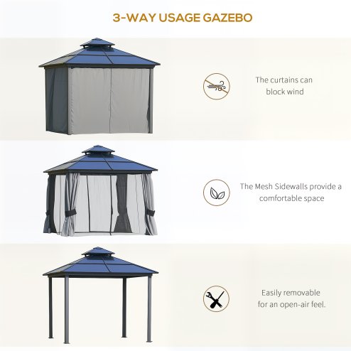 Outsunny 3 x 3(m) Polycarbonate Hardtop Gazebo Canopy with Double-Tier Roof and Aluminium Frame, Garden Pavilion with Mosquito Netting and Curtains