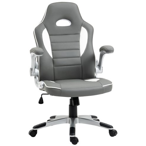 Vinsetto Computer Gaming Chair, Office Desk Swivel Chair, PU Leather Racing Chair with 90° Flip-up Armrest, Adjustable Height and Rolling Wheels, Grey Image