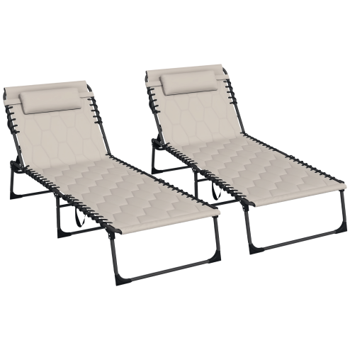 Outsunny 2 Piece Foldable Sun Lounger Set with 5-level Reclining Back, Outdoor Tanning Chairs Sun Loungers with Build-in Padded Seat, Side Pocket, Headrest for Beach, Patio, Khaki