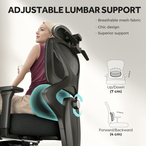 HOMCOM Ergonomic Office Chair, Mesh Desk Chair with 3D Armrests, Rotatable Headrest, Adjustable Lumbar Support, Coat Hanger, Recliner Computer Swivel Chair with Footrest for Home Office, Black