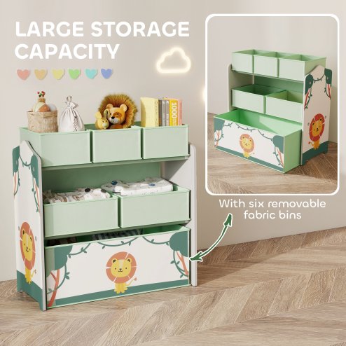 AIYAPLAY Kids Toy Storage Units, 3-Tier Toy Organiser Shelf with 6 Removable Fabric Boxes for Kids, Boys, Girls, Bedroom, Playroom, Nursery, Green