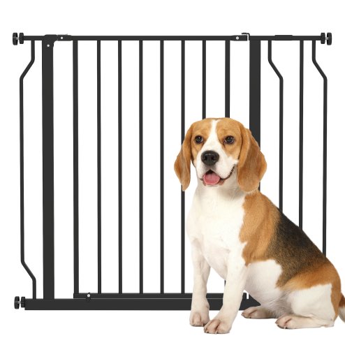 PawHut Dog Gate Wide Stair Gate w/ Door Pressure Fit Pets Barrier for Doorway, Hallway, 76H x 75-95W cm - Black