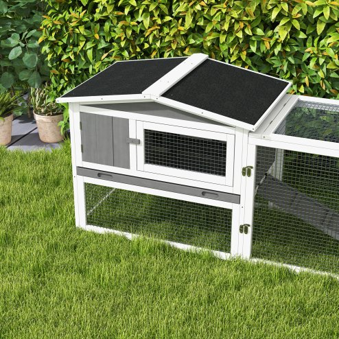 PawHut Rabbit Hutch with Run Wooden Guinea Pig Hutch Outdoor Bunny Cage Hide House with Sliding Tray, Hay Rack, Ramp, 156 x 58 x 68cm, Grey