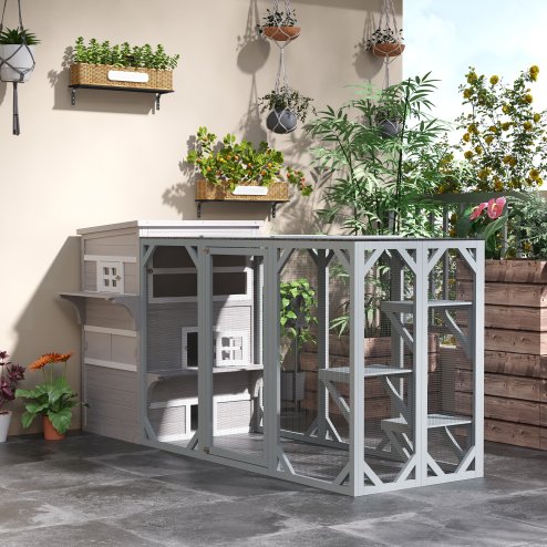 PawHut Outdoor Cat House, 3 Tier Wooden Kitten Shelter with Jumping Platforms, Asphalt Roof, Doors for Indoor, Garden - Grey