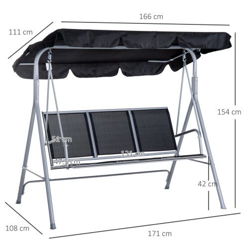 Outsunny 3 Seater Swing Chair, Garden Swing Bench with Adjustable Tilting Canopy, Breathable Mesh Seat and Heavy Duty Metal Frame for Patio, Yard, Black