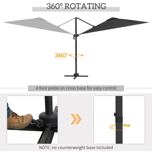 Outsunny 3(m) Cantilever Roma Parasol Adjustable Garden Sun Umbrella with LED Solar Light, Aluminium Frame, Tilt & Crank, UV50+, Cross Base Rotating Outdoor- Dark Grey