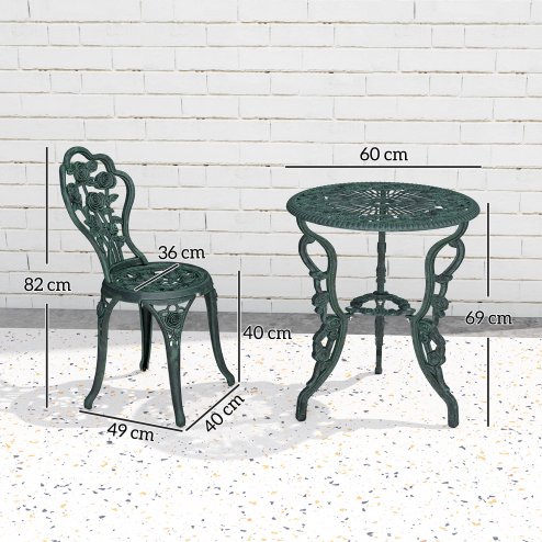 Outsunny Garden Bistro Set with Umbrella Hole, 3 Piece Cast Aluminium Garden Furniture Set, Antique Floral Round Coffee Table and Chairs, Small Balcony Furniture for Outdoor, Patio, Green