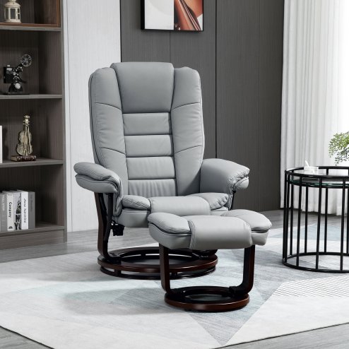HOMCOM Recliner Chair With footstool, Recliner Armchair up to 130kg Weight Capacity, 135 Reclining Swivel Sofa Chair, PU Leather Ergonomic Couch Bed with Swivel Wood Base for Living Room, Grey Image