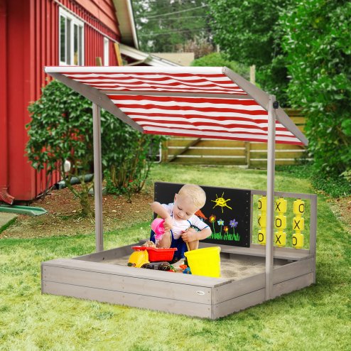 Outsunny Kids Wooden Sand Pit, Children Sandbox w/ Non-Woven Fabric, Two Seats, Canopy, for Gardens, Playgrounds - Grey