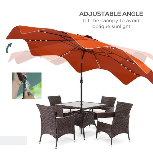 Outsunny 3(m) Garden Parasol Umbrella with 32 Solar LED Lights and Tilt, Outdoor Market Table Umbrella Sun Shade Canopy with Crank, 8 Ribs, Orange