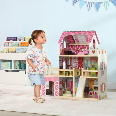 AIYAPLAY Dolls House with 13 Pieces Wooden Furniture and Accessories, 3 Levels Play Set with Detachable Balcony, Garage, Movable Slides, Gift for 3-6 Years