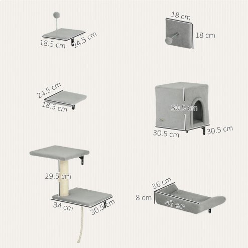 PawHut Cat Wall Shelves, 6-Piece Cat Wall Furniture Set with Condo, Platforms, Sisal Scratching Post, Bed and Toy Ball, for Climbing, Sleeping, Playing, Grey
