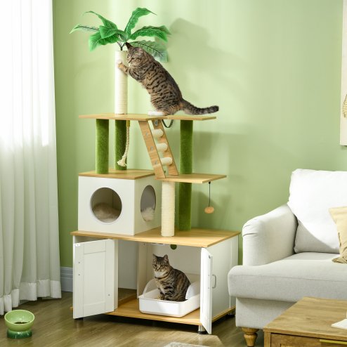 PawHut Cat Tree with Hidden Litter Box Enclosure, 2-in-1 Green Leaf Cat Tower, Litter Box Furniture with House, Ladder, Scratching Posts, Platforms, for Indoor Use - Oak