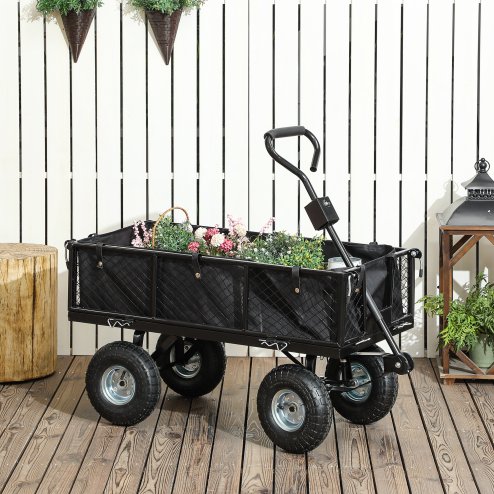 Outsunny Garden Trolley Cart, Heavy Duty Festival Trolley with Removable Liner, Quick-Release Sides, 10