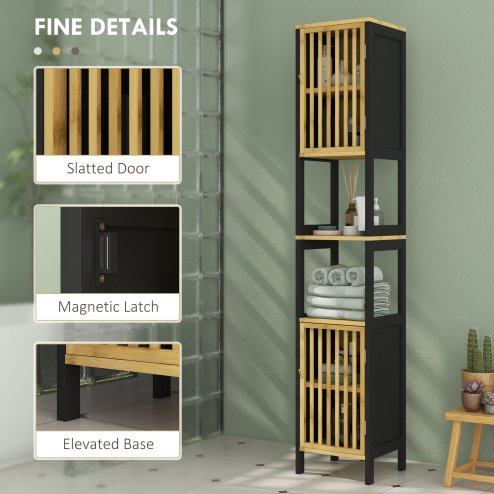 HOMCOM Tall Bathroom Storage Cabinet, Slim Bamboo Bathroom Cabinet with 2 Open Compartments, 2 Slatted Doors and Adjustable Shelves