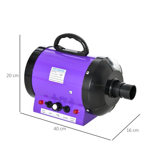 PawHut Dog Hair Dryer Pet Grooming Blaster Dryer Blower Adjustable Temperature Speed with 2.1M Flexible Hose 3 Nozzles - Purple