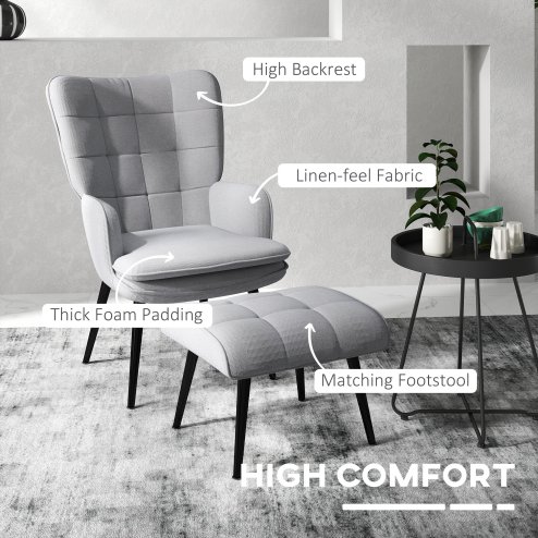 HOMCOM Armchair with Footstool, Living Room Chair, Linen Accent Chair for Bedroom, Home Study, Light Grey
