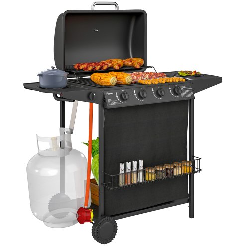 Outsunny 4+1 Burner Gas BBQ Grill, Portable Gas Barbecue Grill with Built-in Thermometer, Lid, Side Table, Shelf, Spice Rack, Wheels, Grease Cup for Garden Party Outdoor Cooking, Black