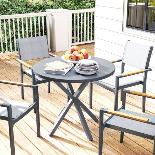 Outsunny Garden Table, 85cm Round Outdoor Dining Table with Steel Frame, Wood Effect Top, for Balcony, Deck, Dark Grey
