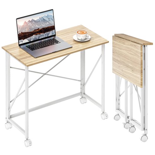 HOMCOM Small Folding Desk, 80 cm Foldable Computer Desk on Wheels for Small Space, Easy Assembly, Space Saving Writing Table for Home Office, Bedroom, Natural Tone