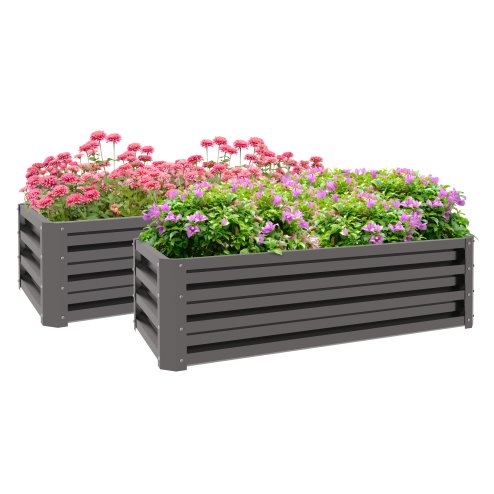 Outsunny Set of 2 Raised Garden Bed, Outdoor Planter Box with Galvanised Steel Frame for Growing Vegetables, Flowers and Herbs, 110 x 50 x 30cm, Dark Grey
